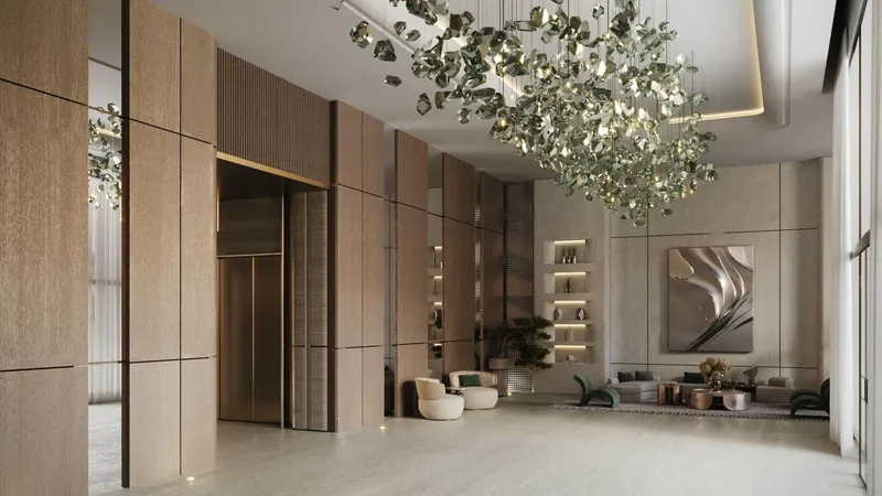 Render of the double-height Binghatti Hillside lobby with a sculptural ceiling installation
