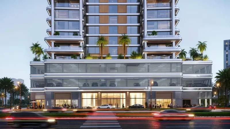 Render of the Binghatti Hillside podium with shops at street level and planted terraces above