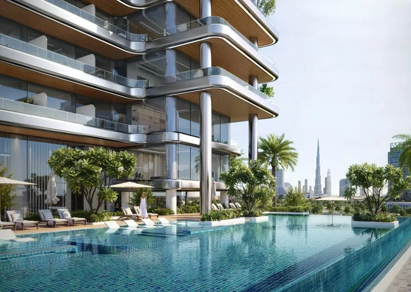 Render of the Binghatti Hillside pool deck with loungers and parasols