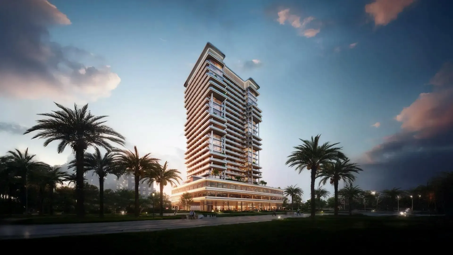 Computer-generated render of the Binghatti Hillside tower in Dubai Science Park at dusk, seen through palm trees