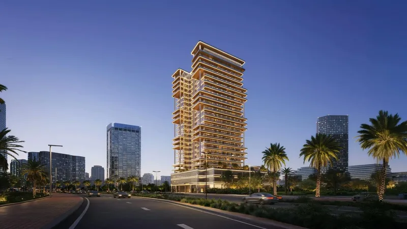 Render of the Binghatti Hillside tower lit in the evening, seen from the road