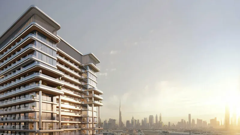 Render of the upper floors of Binghatti Hillside with the Dubai skyline on the horizon