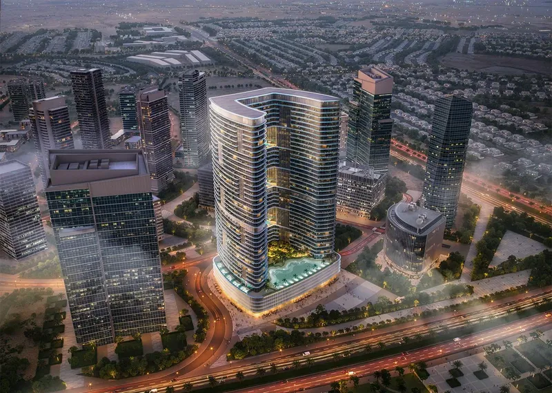 Aerial render of Binghatti Hillviews among the buildings of Dubai Science Park in the evening