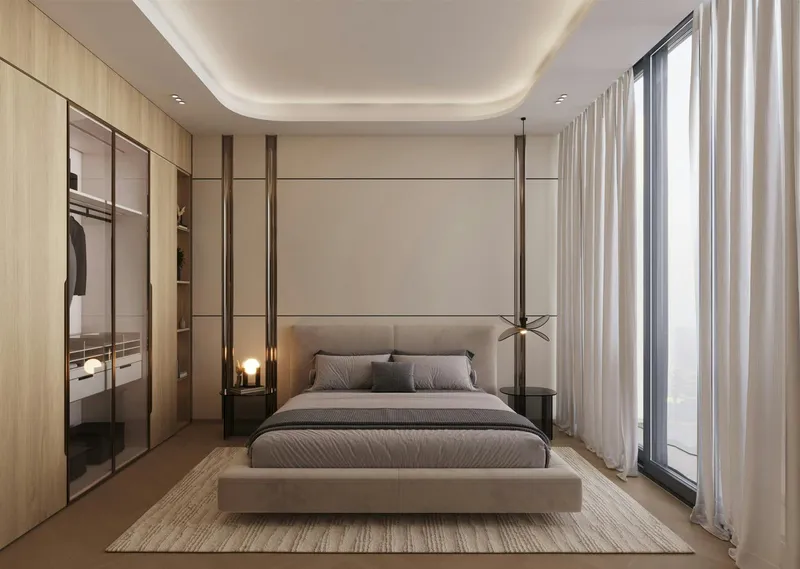 Render of a bedroom with a glazed wardrobe in a Binghatti Hillviews apartment
