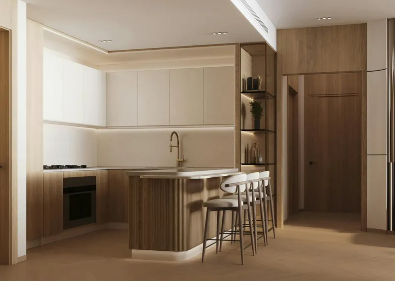 Render of a fitted kitchen with an island and bar stools in a Binghatti Hillviews apartment