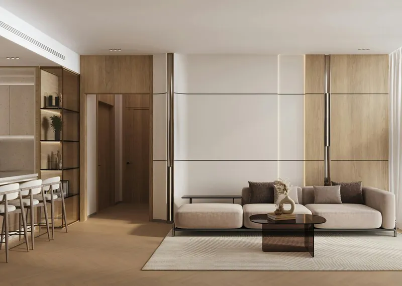 Render of a living room with a breakfast bar in a Binghatti Hillviews apartment