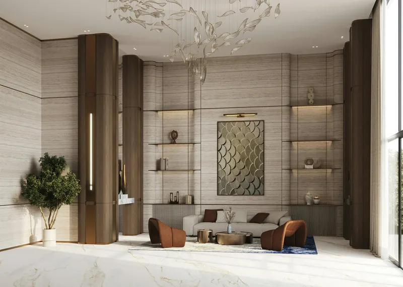 Render of the Binghatti Hillviews lobby with travertine walls, shelving and lounge seating
