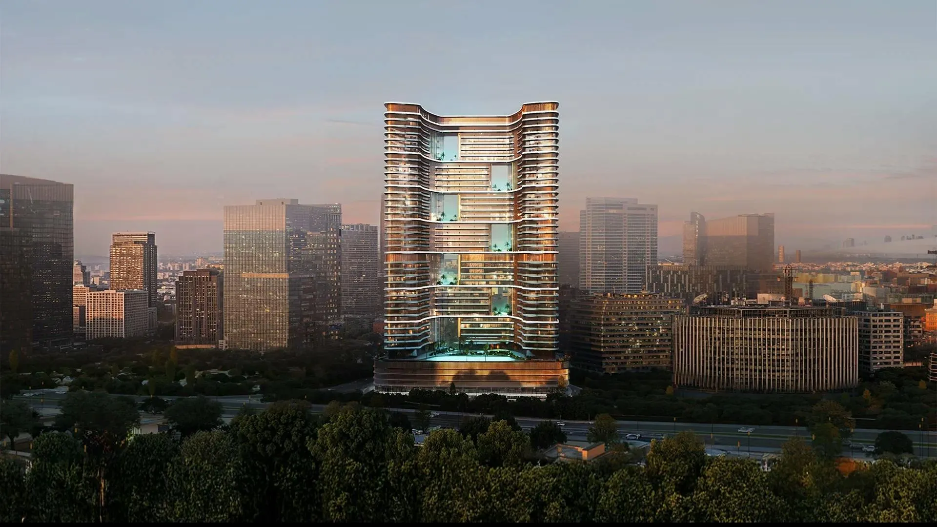 Render of the Binghatti Hillviews tower in Dubai Science Park at dusk, with its podium pool lit below