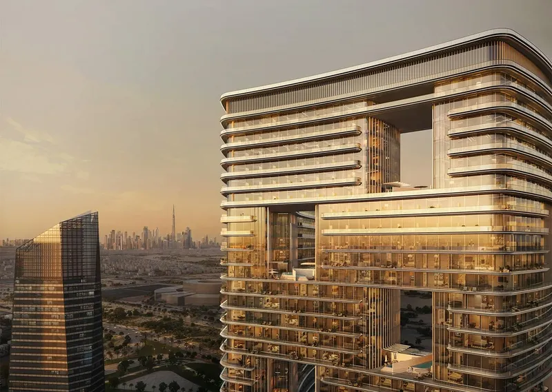 Render of the upper floors of Binghatti Hillviews with the Dubai skyline in the distance