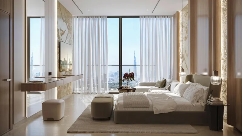 Render of a bedroom with full-height windows in a Binghatti Luxuria apartment