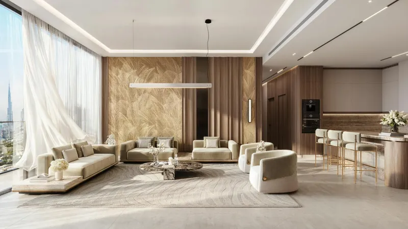 Render of an open-plan living room and kitchen in a Binghatti Luxuria apartment
