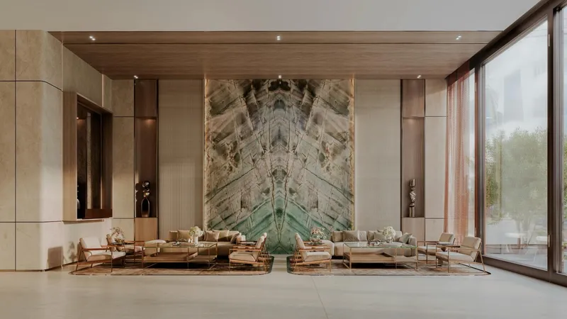 Render of the Binghatti Luxuria lobby lounge with a feature marble wall and timber panelling