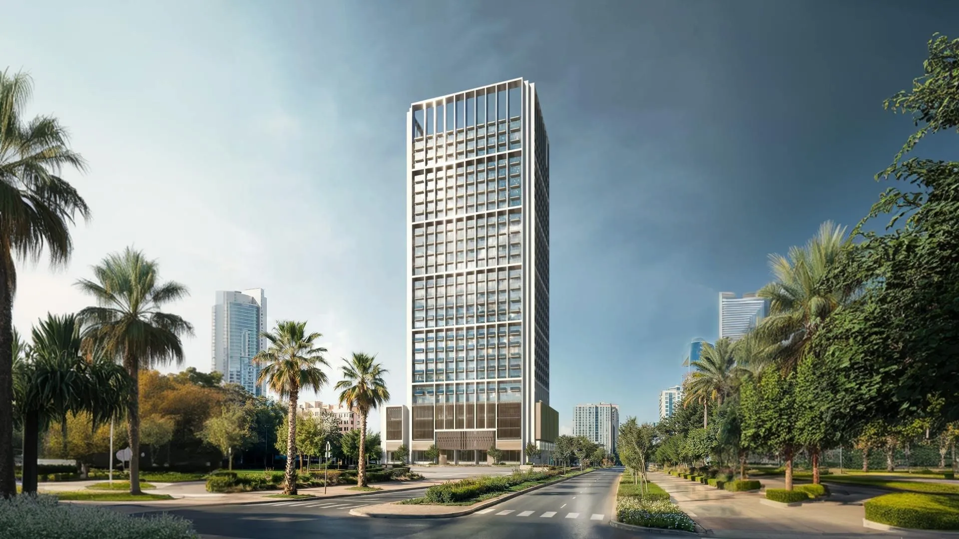 Computer-generated render of the Binghatti Luxuria tower in Jumeirah Village Triangle by day, seen from a palm-lined road