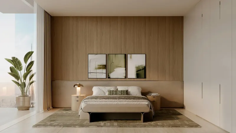 Render of a bedroom with timber panelling in a Binghatti Sky Terraces apartment