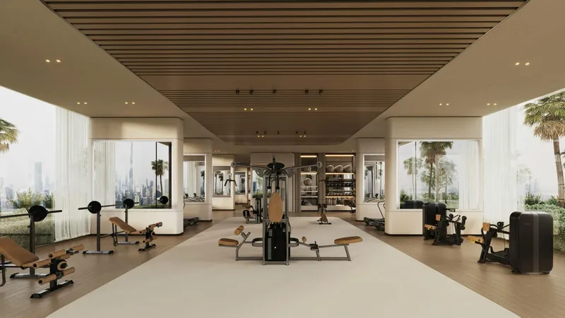 Render of the indoor gym at Binghatti Sky Terraces with a timber slatted ceiling