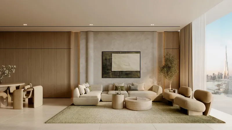 Render of a living room in a Binghatti Sky Terraces apartment with timber wall panelling