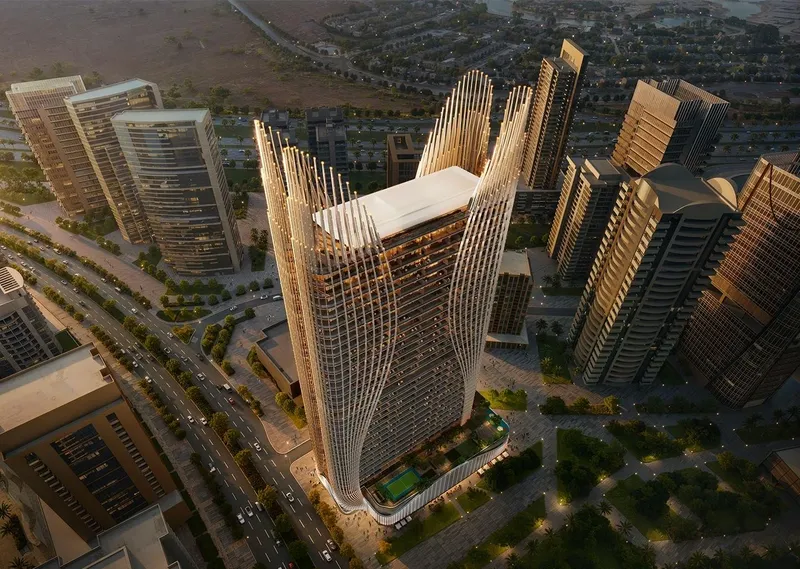 Aerial render of Binghatti Skyhall showing the curved fins of its crown and the podium deck