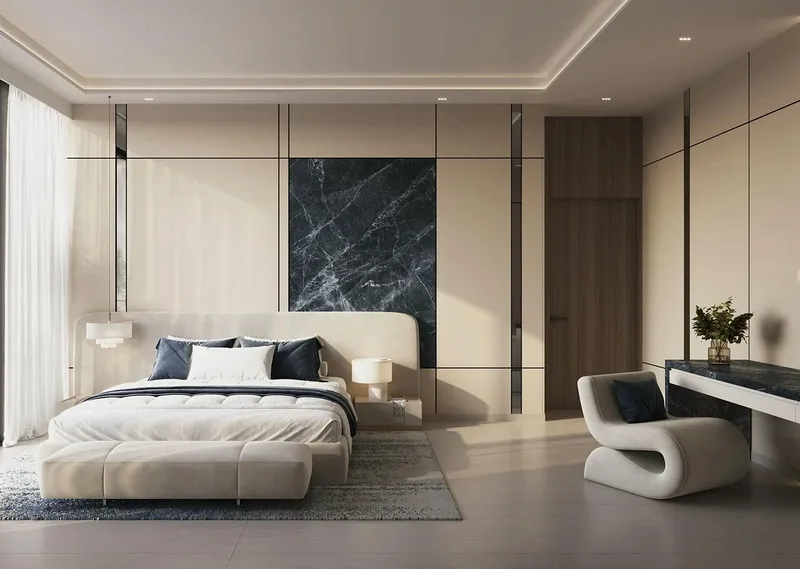 Render of a bedroom in a Binghatti Skyhall apartment
