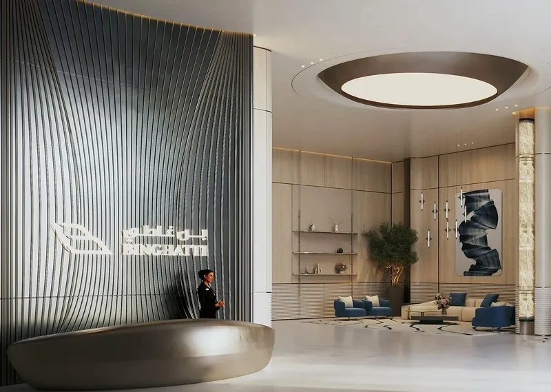 Render of the Binghatti Skyhall lobby with a ribbed feature wall, reception desk and lounge seating