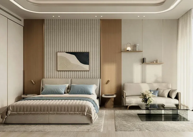 Render of a studio apartment at Binghatti Skyhall with a bed and sofa in one room