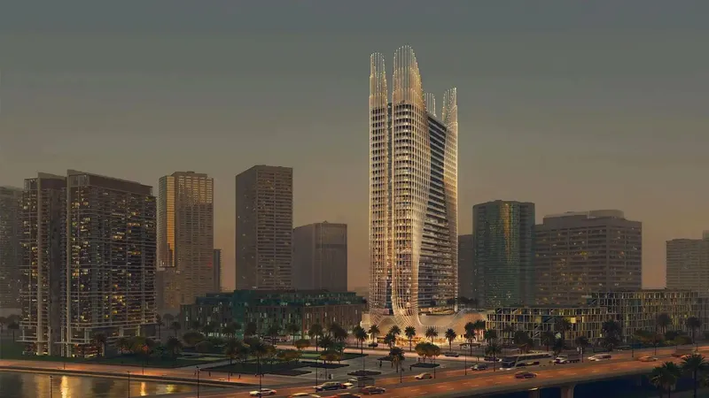 Render of Binghatti Skyhall rising above neighbouring Business Bay buildings at dusk