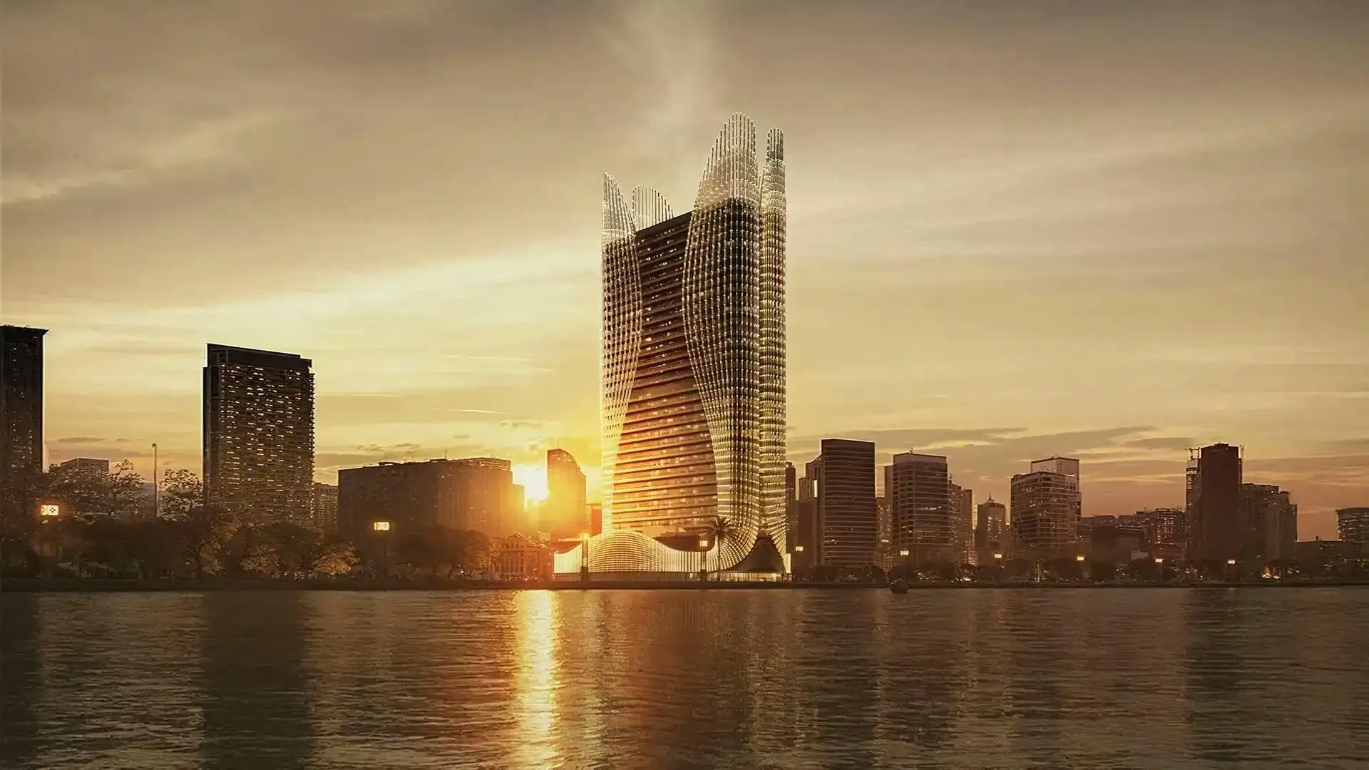 Computer-generated render of the Binghatti Skyhall tower in Business Bay at sunset, seen across the water