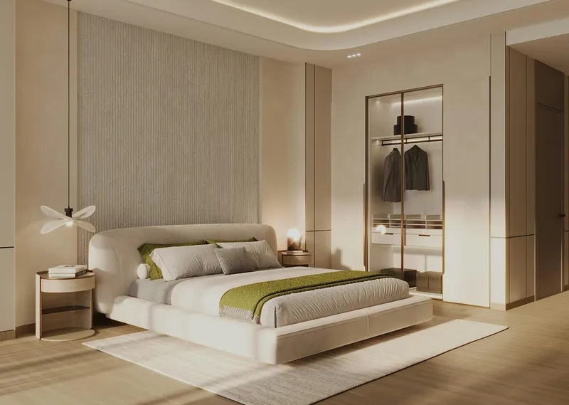 Render of a bedroom with an open wardrobe in a Binghatti Skyrise apartment