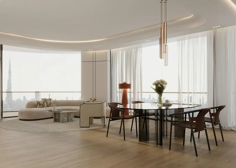 Render of a living and dining room in a Binghatti Skyrise apartment with skyline views
