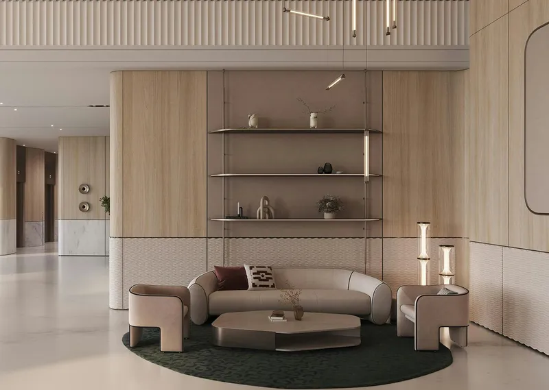Render of a lobby lounge at Binghatti Skyrise with timber panelling and curved seating