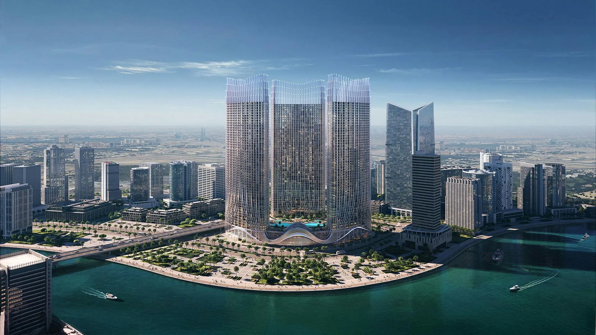 Aerial render of the three Binghatti Skyrise towers beside the Dubai Water Canal in Business Bay