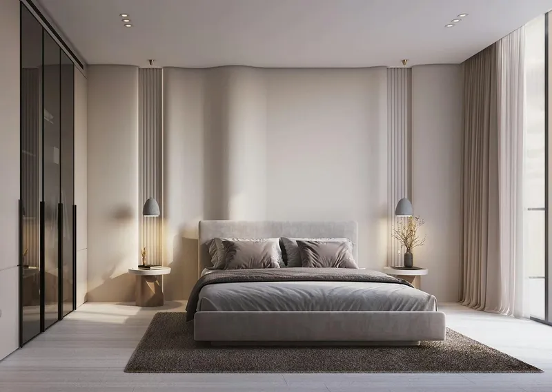 Render of a bedroom with a glazed wardrobe in a Binghatti Starlight apartment