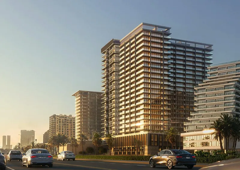Render of Binghatti Starlight seen from the main road in the evening light