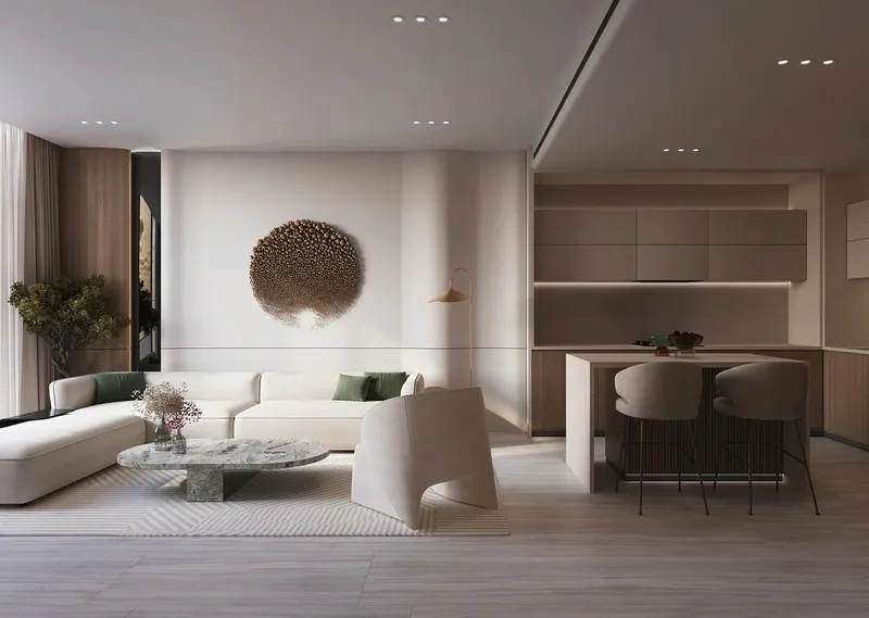 Render of a living room with an open kitchen and breakfast bar in a Binghatti Starlight apartment