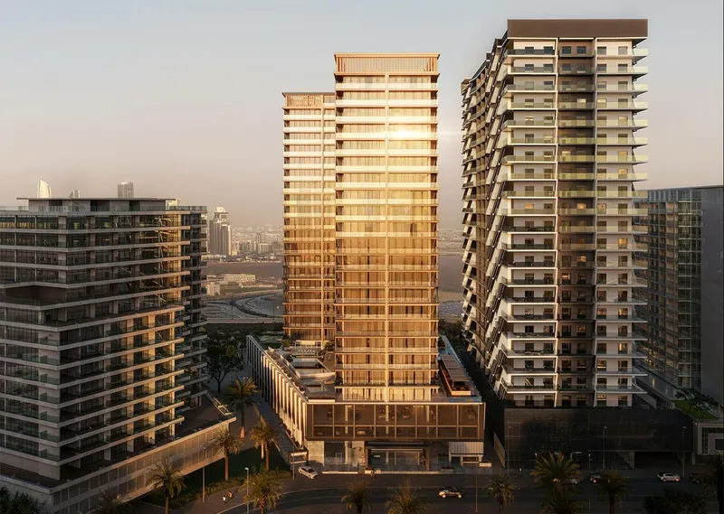 Render of the Binghatti Starlight tower above its podium at sunset