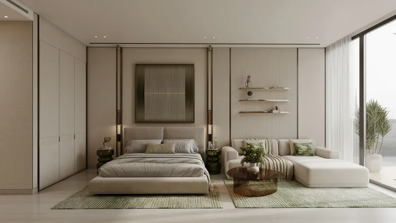 Render of a studio-style bedroom and seating area in a Binghatti Titania apartment