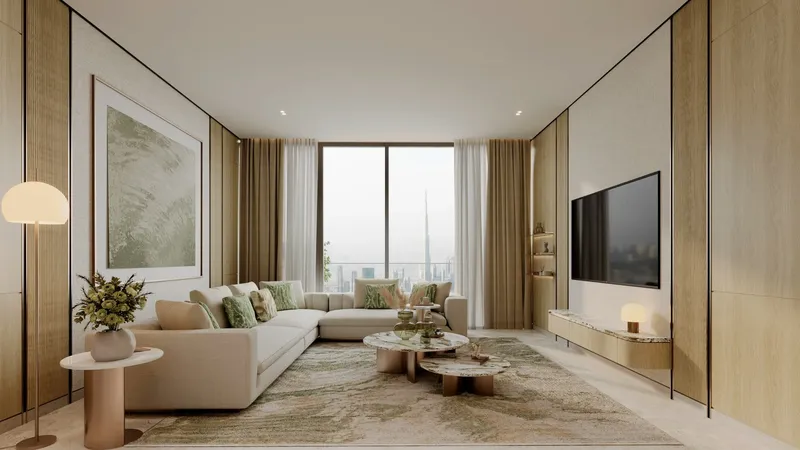Render of a living room with a corner sofa in a Binghatti Titania apartment