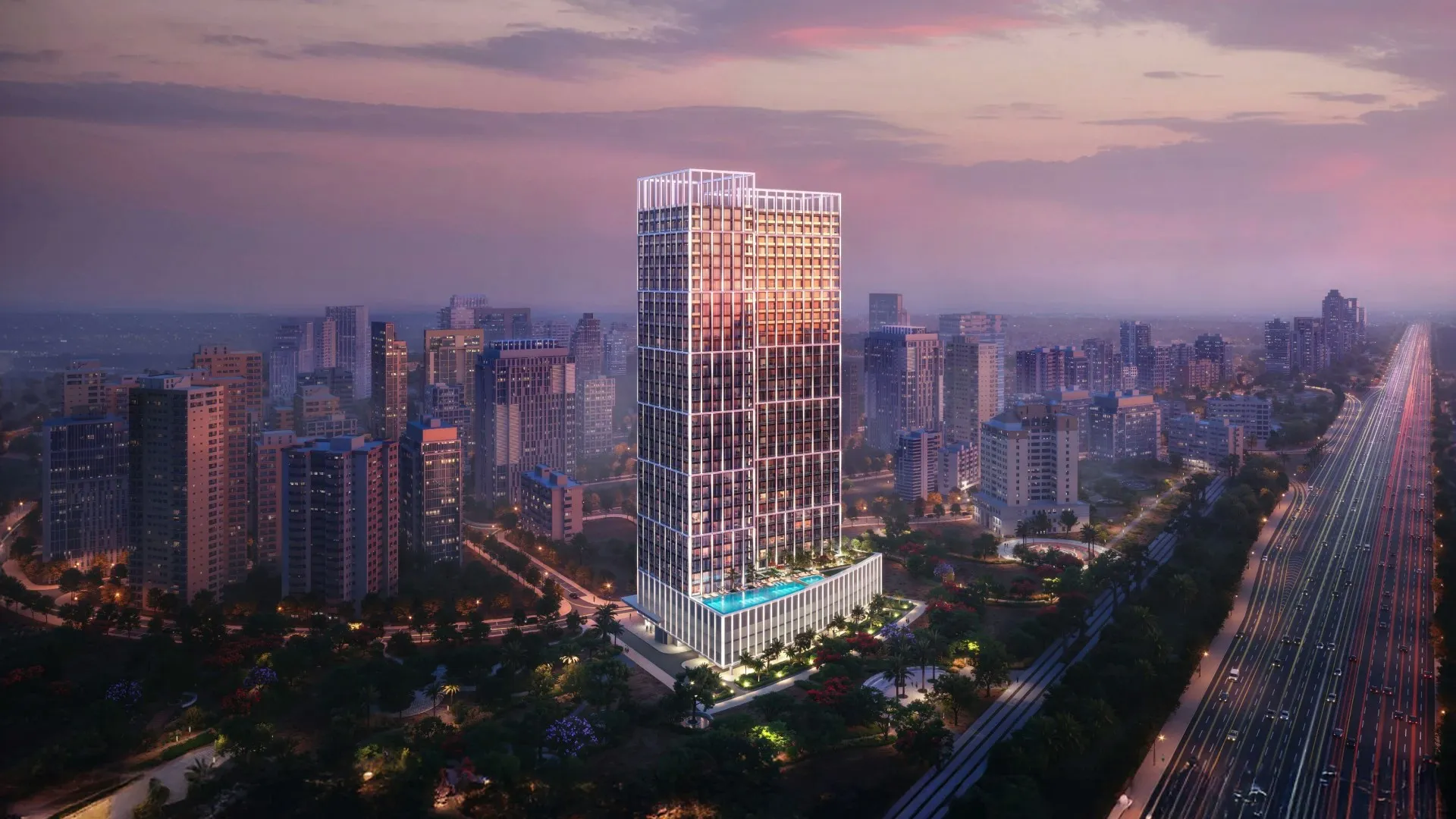 Computer-generated aerial render of the Binghatti Titania tower in Majan at dusk, beside Sheikh Mohammed Bin Zayed Road