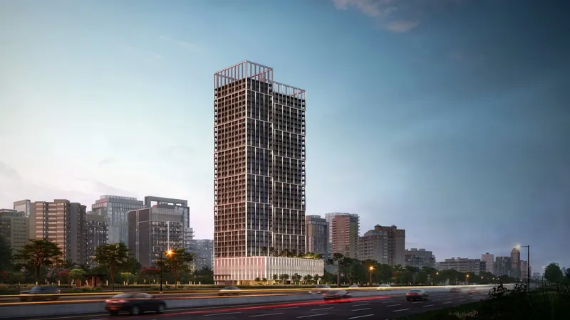 Render of the Binghatti Titania tower from the road in the evening, with its dark gridded façade above the podium
