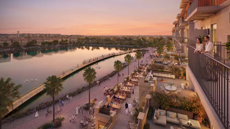 View from an Alhambra balcony over the promenade and the Bloom Living lake
