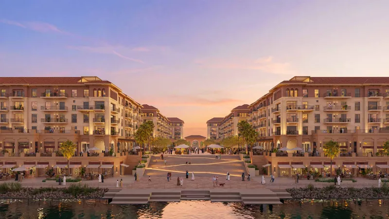 Souk Alhambra plaza and promenade between the residential buildings at dusk