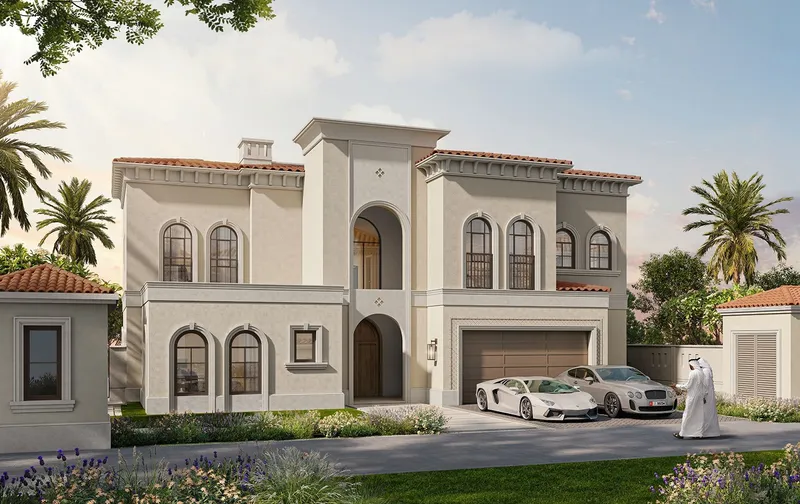 Six-bedroom Marbella villa with a central arched entrance and a double garage