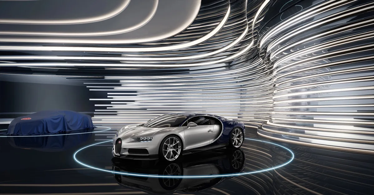 Render of the car gallery at Bugatti Residences by Binghatti, with a Bugatti on a turntable