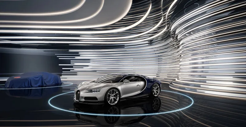 Render of the car gallery at Bugatti Residences by Binghatti, with a Bugatti on a turntable