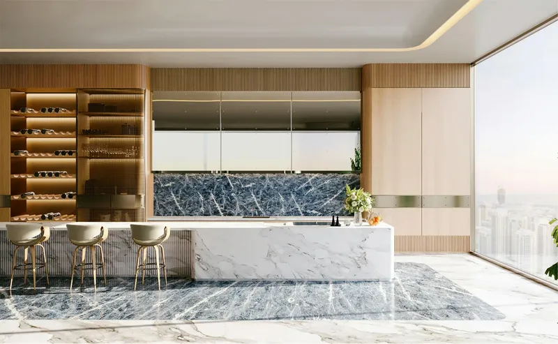 Render of a marble kitchen island and timber cabinetry at Bugatti Residences by Binghatti