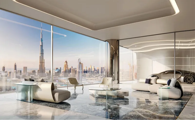 Render of a living room at Bugatti Residences by Binghatti with a car parked beside it and Burj Khalifa in view