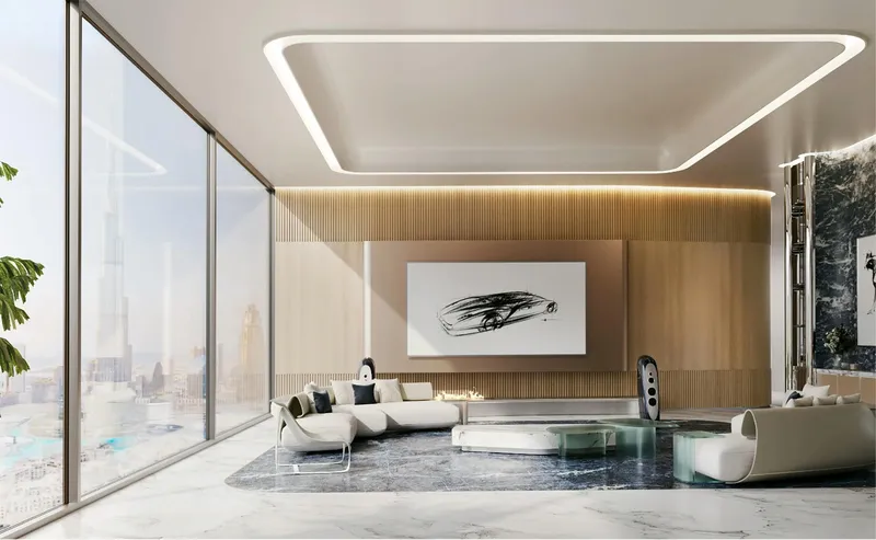 Render of a lounge with floor-to-ceiling glazing at Bugatti Residences by Binghatti
