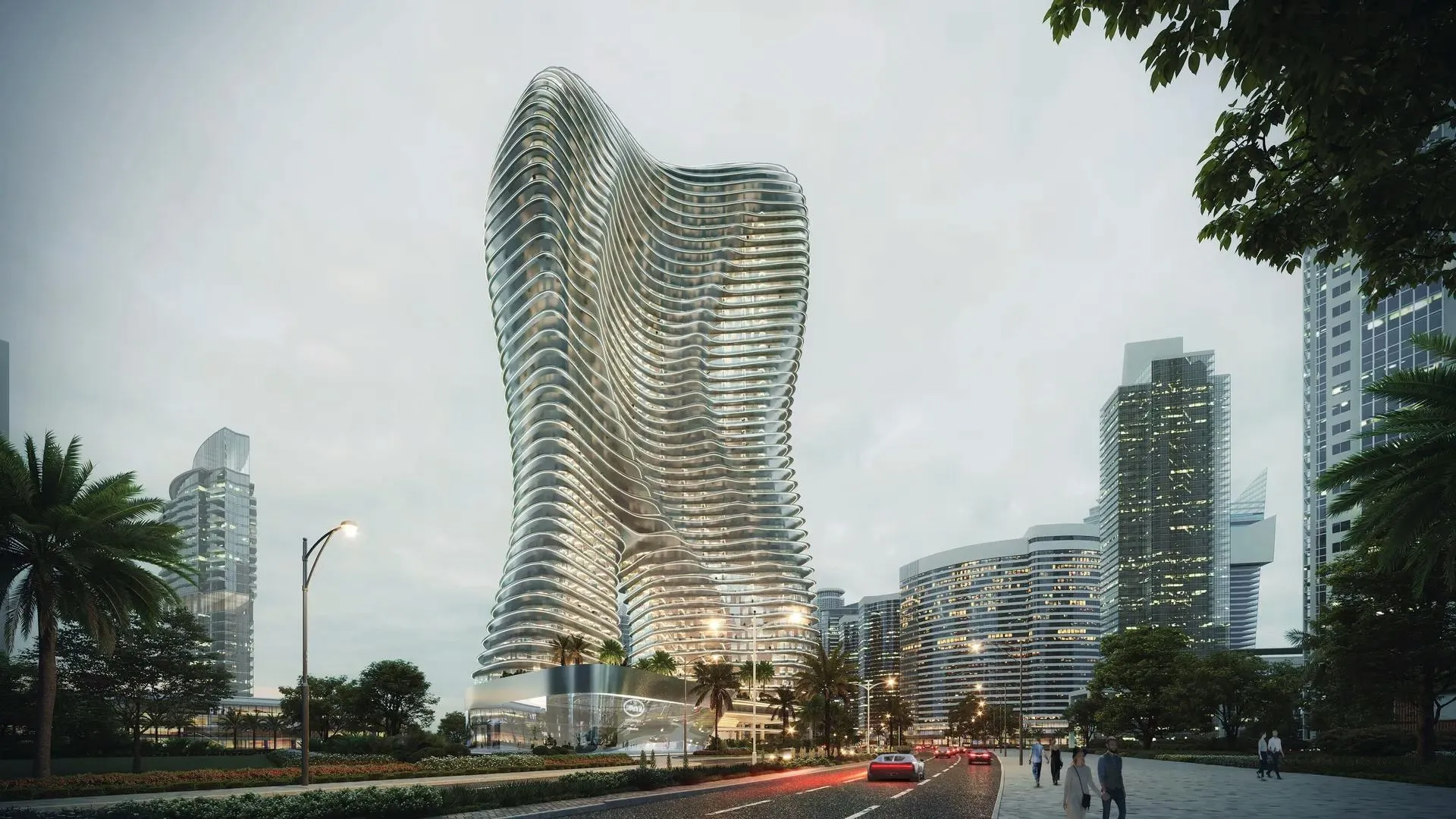 Computer-generated render of the curved Bugatti Residences by Binghatti tower in Business Bay at dusk
