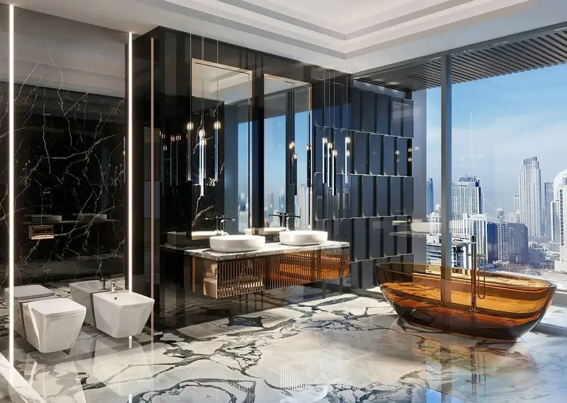 Render of a marble bathroom with a freestanding bath and skyline views at Burj Binghatti Jacob & Co Residences