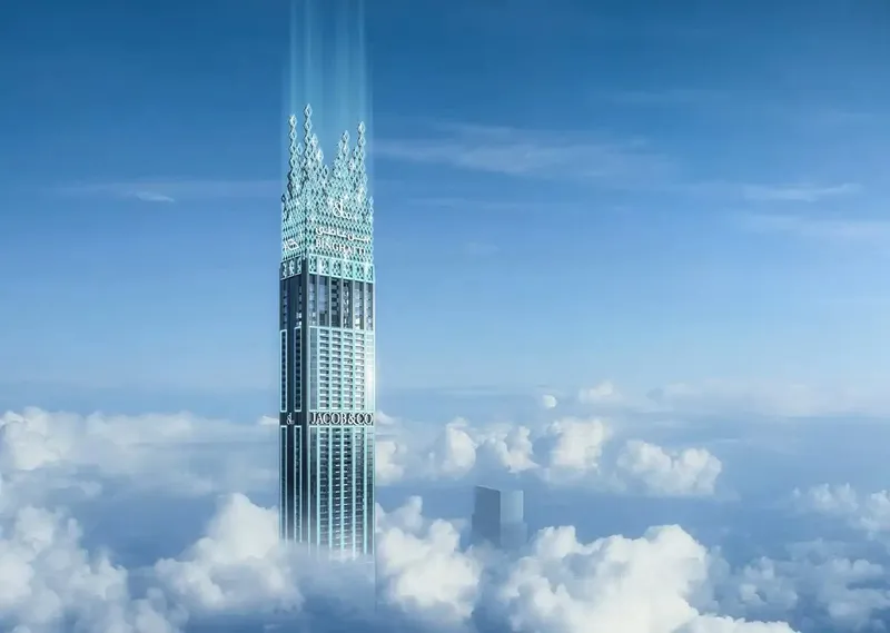 Render of the crown of Burj Binghatti Jacob & Co Residences rising above the clouds