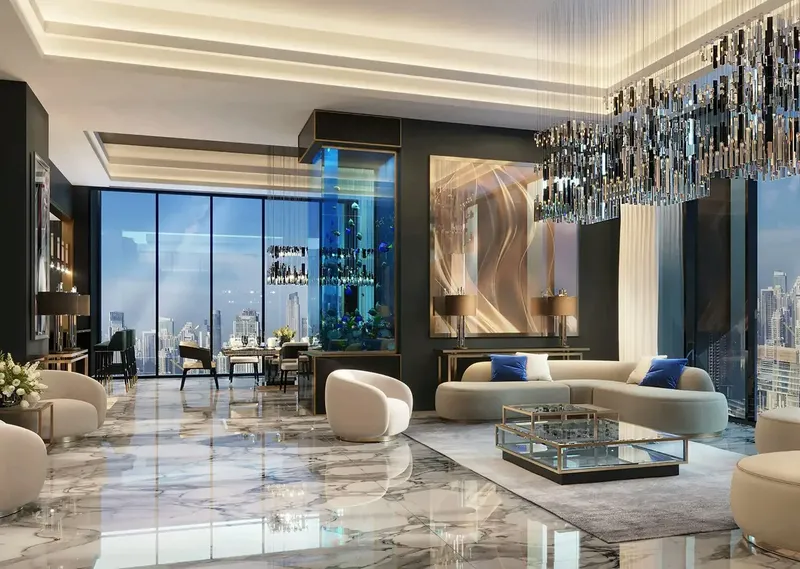 Render of a living room with marble floors and skyline views at Burj Binghatti Jacob & Co Residences